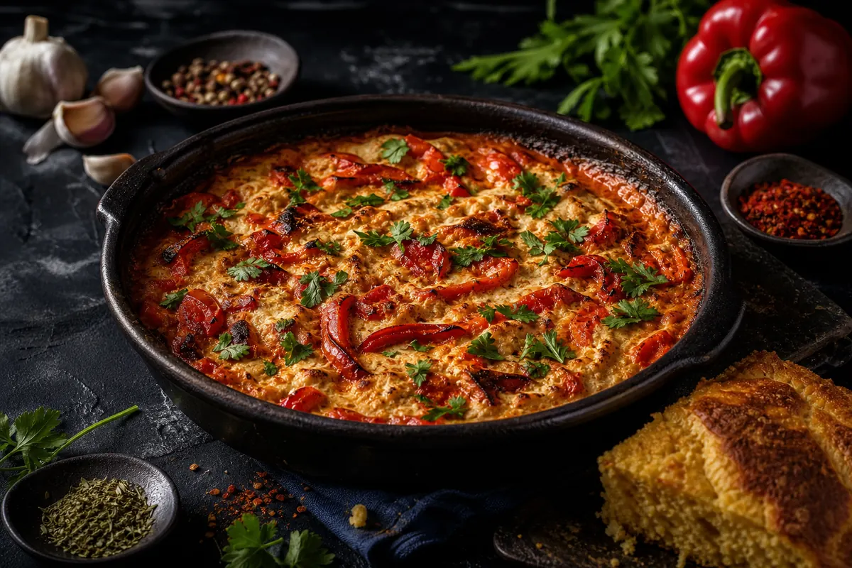 Albanisches Paprika-Tomaten-Gericht aus dem Ofen: vegane Fërgesë mit Cashew-Tofu