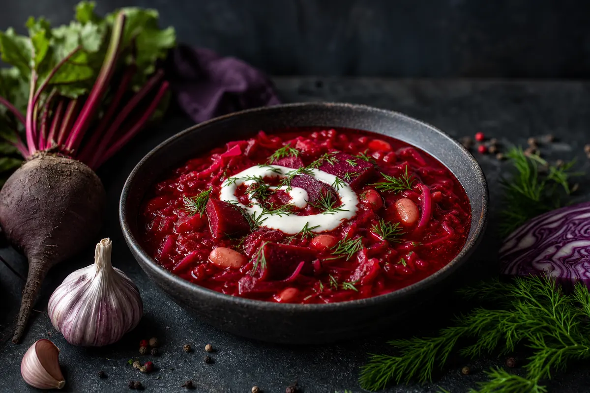 Ukrainischer Borschtsch vegan: Rote Bete, Kraut und ein Schuss Essig
