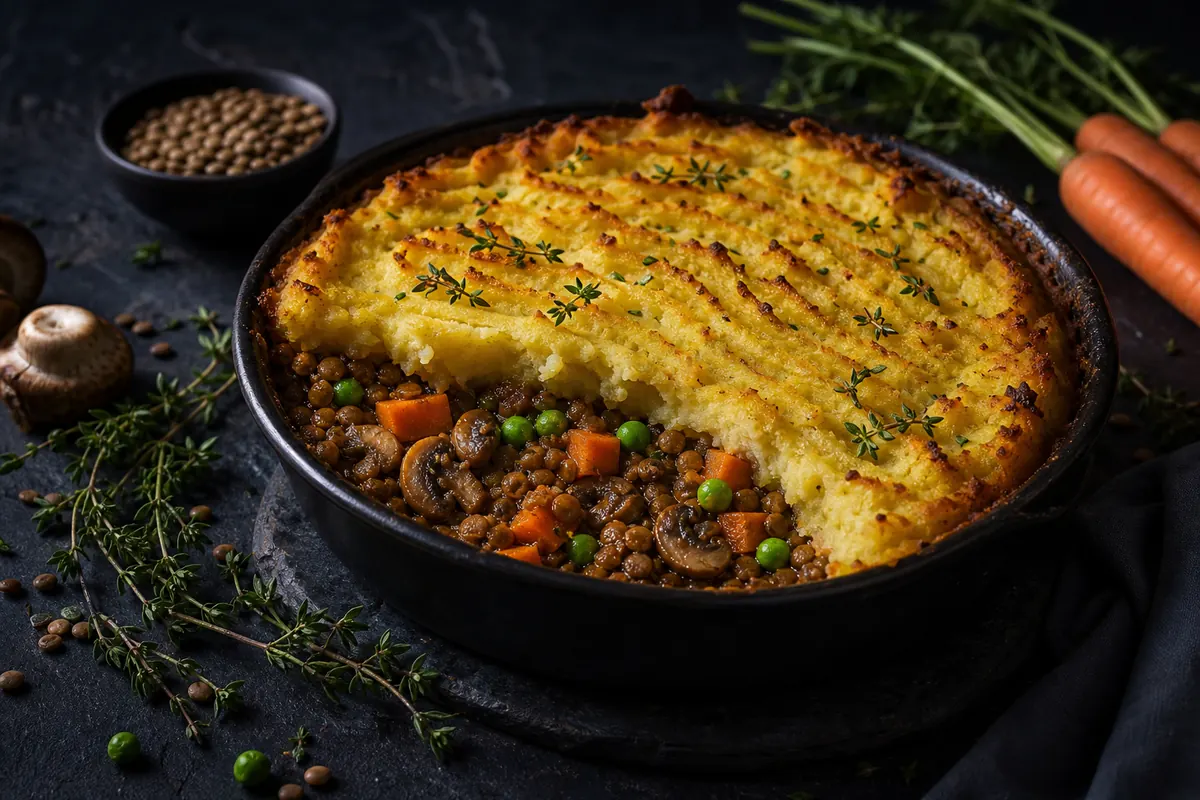 Veganer Linsenauflauf mit Pilzen und Kartoffelhaube (Shepherd's Pie)